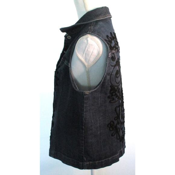 Chico's Women's Sleeveless Blue Jean Button Front Embroidered Jacket Size Lg. - Picture 4 of 10